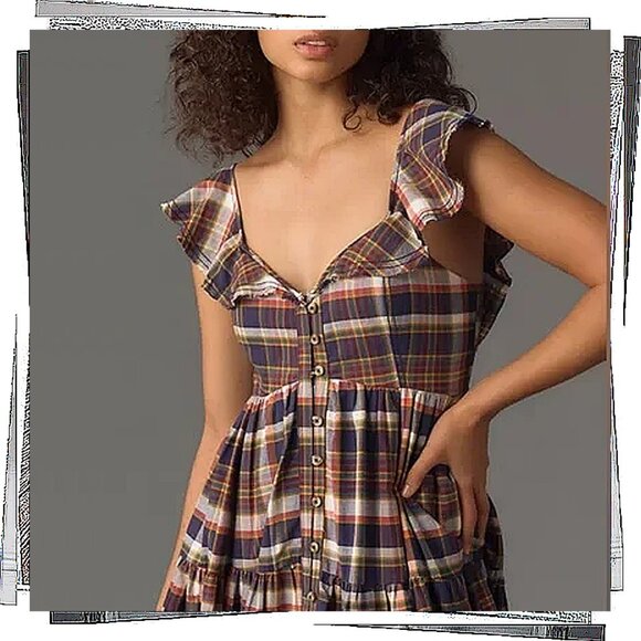 Plaid Flutter-Sleeve Button Front Tiered Midi Dress (XS) by Pilcro - Picture 6 of 6